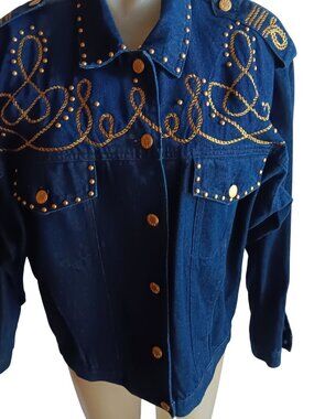 Denim jacket 4P gold rope Vintage Women's epaulets navy studs 90's Carole Little